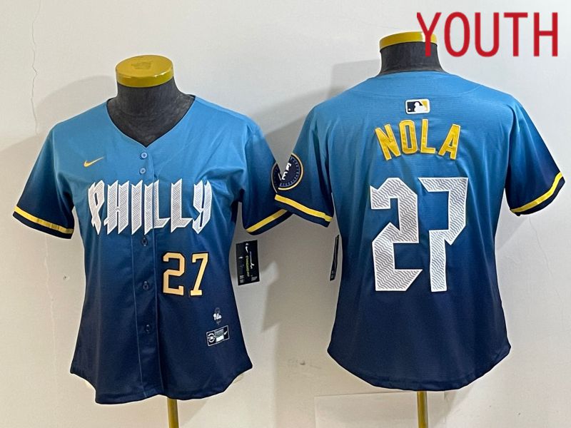 Youth Philadelphia Phillies #27 Nola Blue City Edition Nike 2024 MLB Jersey style 3